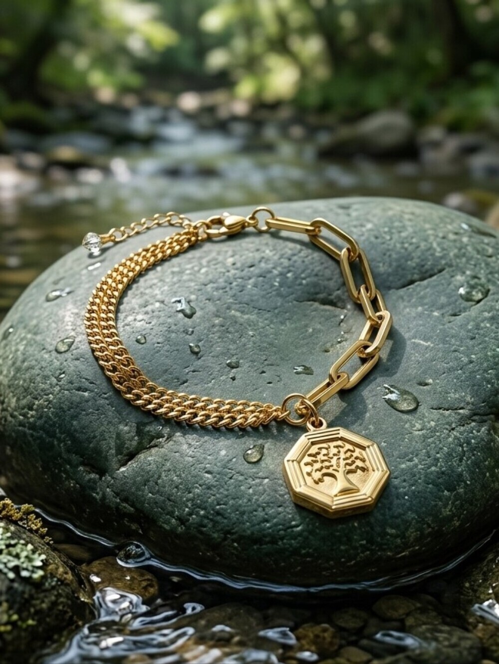 18K Gold Plated Stainless Steel Tree of Life Charm Paperclip Chain Bracelet